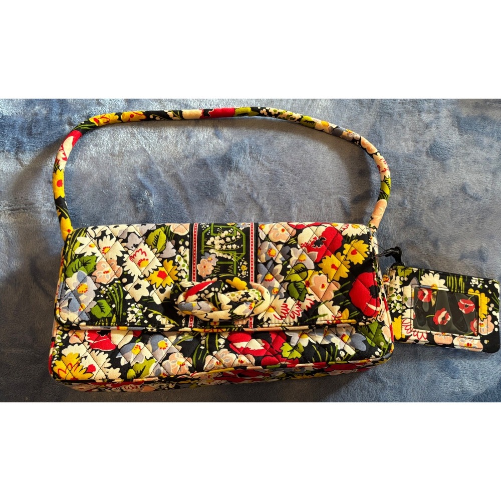 Vera Bradley Village Floral Quilted Tote‎ Bag Shoulder Bag with ID Case Black
